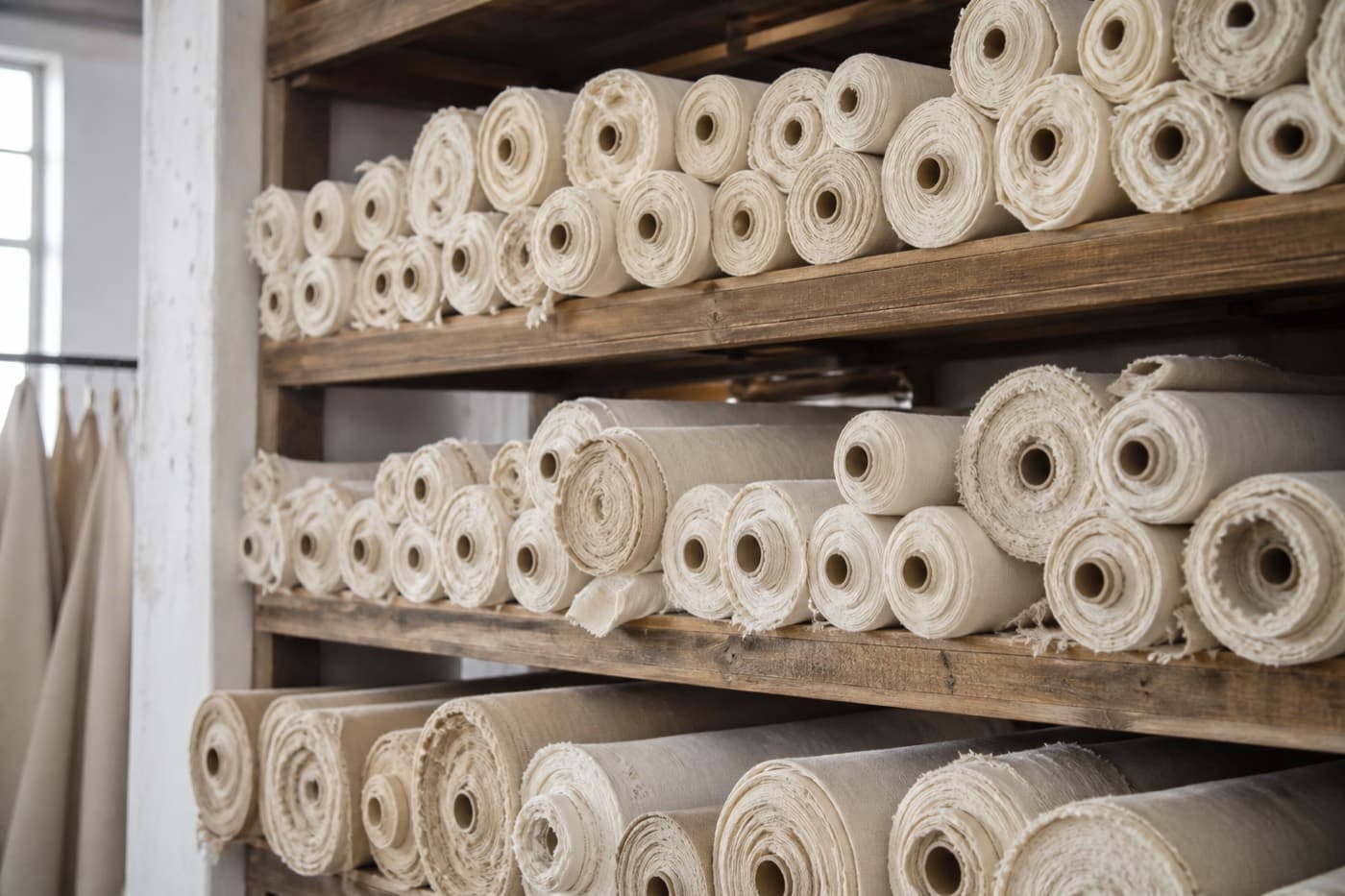 Rolls of natural cotton and linen in a textile mill