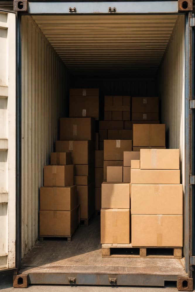 Stacked cartons inside a shipping container