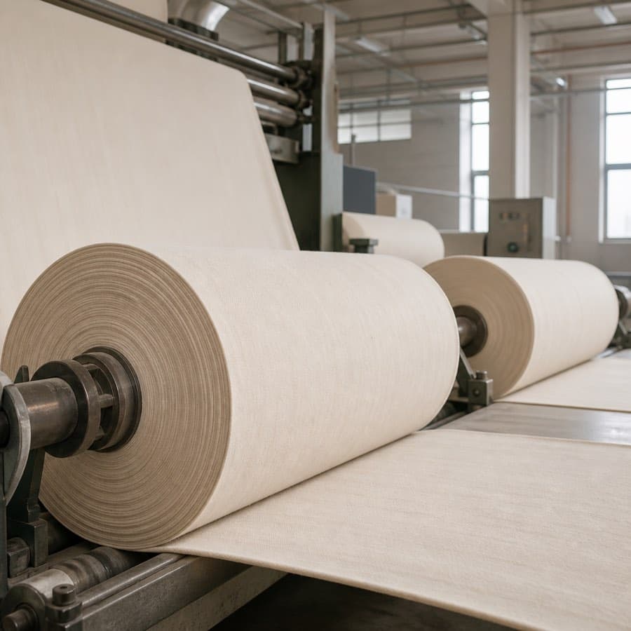 Maquinaria textil procesando tela cruda